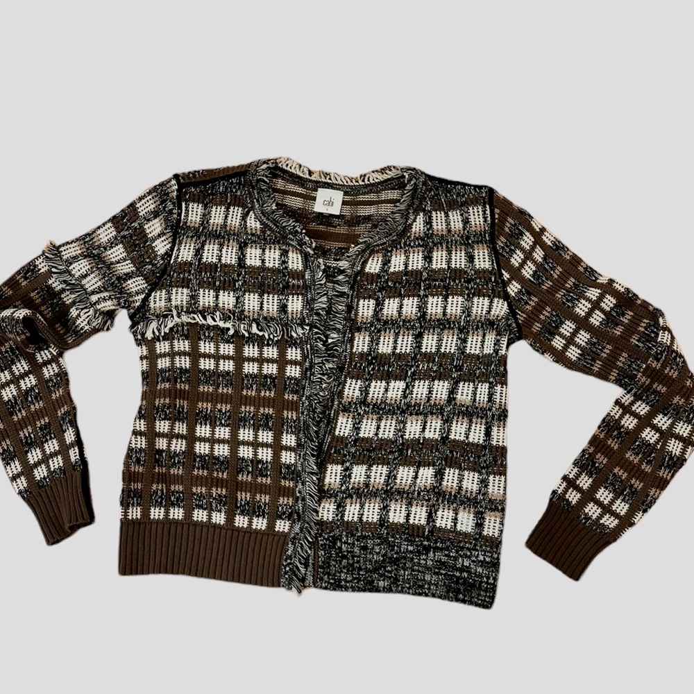 Cabi 100% cotton knit sweater plaid brown fringe women’s small #4097 excd